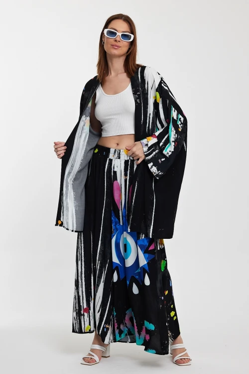Maxi Boy Siyah Desenli Pantolon Ve Uzun Kimono Dokuma Alt Üst Takım BCVL-24976