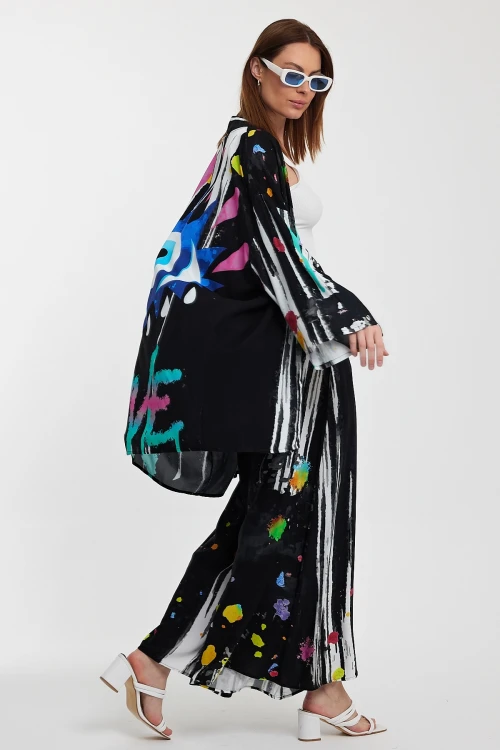 Maxi Boy Siyah Desenli Pantolon Ve Uzun Kimono Dokuma Alt Üst Takım BCVL-24976