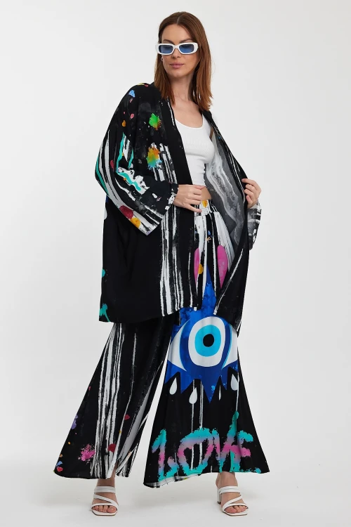 Maxi Boy Siyah Desenli Pantolon Ve Uzun Kimono Dokuma Alt Üst Takım BCVL-24976