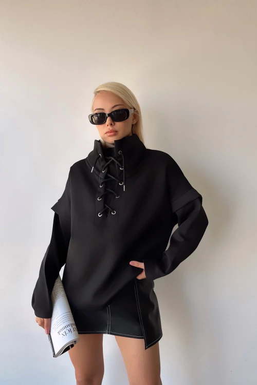 Siyah Dik Yaka Kuş Gözü Bağcıklı Scuba Sweatshirt BCPK-236000