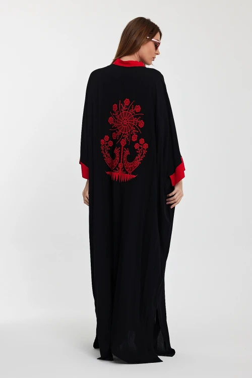 Maxi Boy Siyah Hakim Yaka Nakış İşlemeli Uzun Boy Gömlek Elbise BCVL-24957