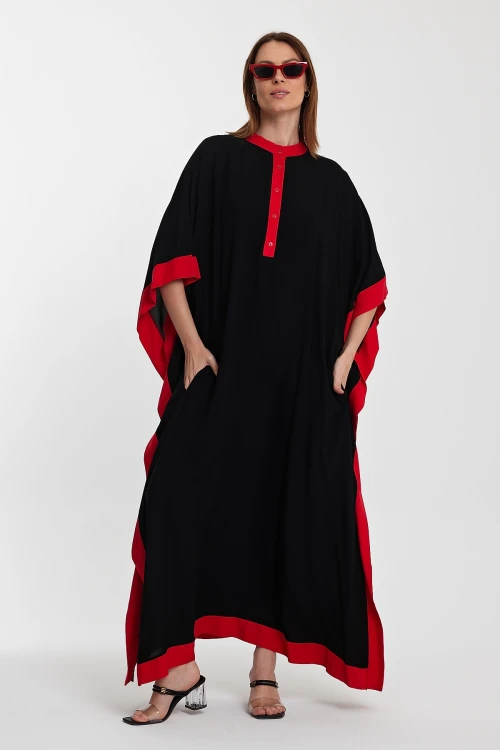 Maxi Boy Siyah Kırmızı Sırtı Nakış İşlemeli Yırtmaçlı Uzun Boy Dokuma Elbise BCVL-24979