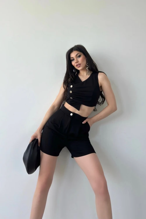 Siyah Kruvaze Yaka Düğme Detaylı Crop Yelek Ve Şort İkili Takım