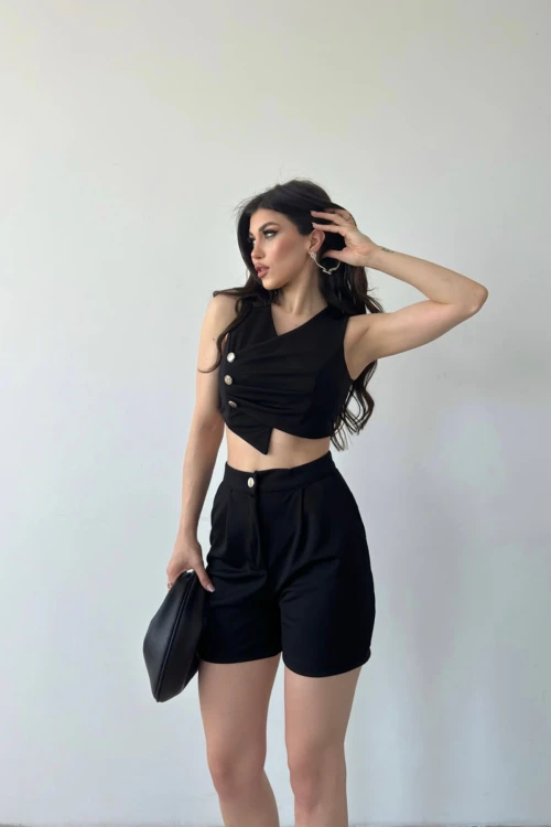 Siyah Kruvaze Yaka Düğme Detaylı Crop Yelek Ve Şort İkili Takım