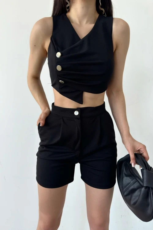 Siyah Kruvaze Yaka Düğme Detaylı Crop Yelek Ve Şort İkili Takım