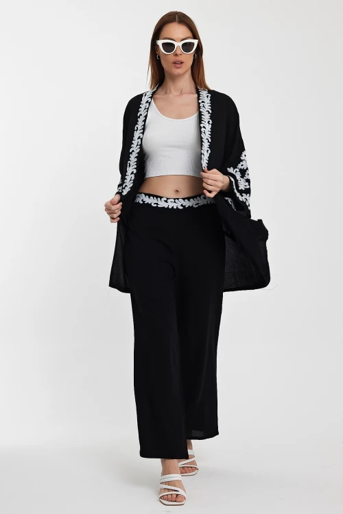 Maxi Boy Siyah Nakış İşlemeli Alt Üst Kimono Pantolon Takım BCVL-24950