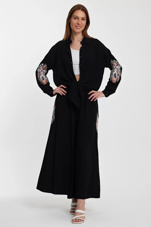 Maxi Boy Siyah Nakış İşlemeli Gömlek Ve Pantolon Dokuma Alt Üst Takım BCVL-24930