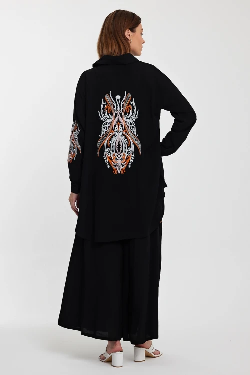 Maxi Boy Siyah Nakış İşlemeli Gömlek Ve Pantolon Dokuma Alt Üst Takım BCVL-24930