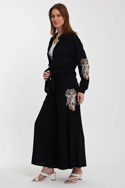 Maxi Boy Siyah Nakış İşlemeli Gömlek Ve Pantolon Dokuma Alt Üst Takım BCVL-24930