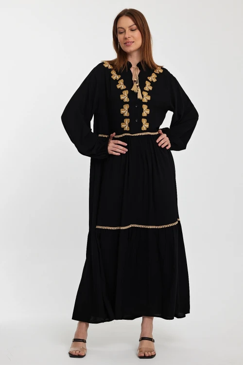 Maxi Boy Siyah Nakış İşlemeli Uzun Boy Dokuma Elbise BCVL-241005