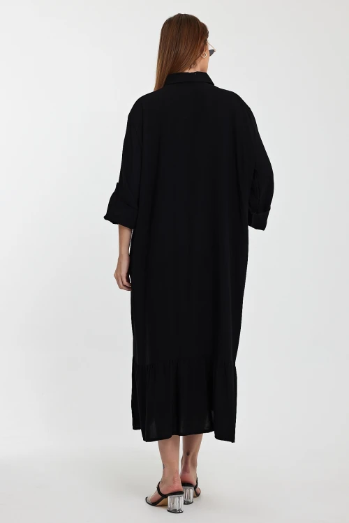 Maxi Boy Siyah Nakış İşlemeli Uzun Boy Dokuma Gömlek Elbise BCVL-24954