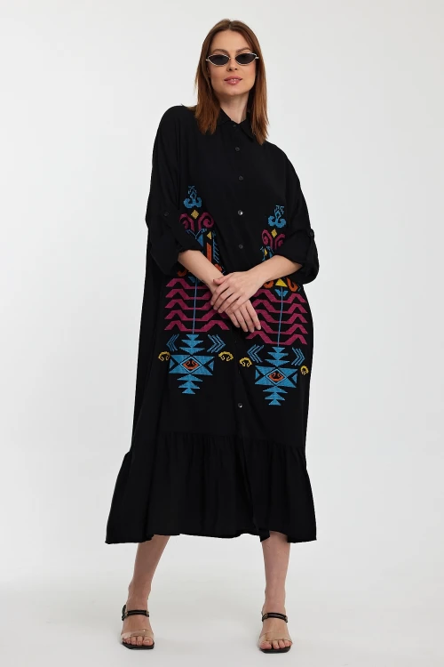 Maxi Boy Siyah Nakış İşlemeli Uzun Boy Dokuma Gömlek Elbise BCVL-24954