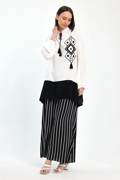 Maxi Boy Siyah Renk Bloklu Çizgili Pantolon Ve Uzun Tunik Alt Üst Takım BCVL-241021