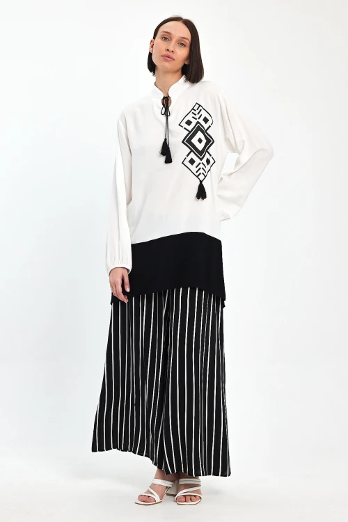 Maxi Boy Siyah Renk Bloklu Çizgili Pantolon Ve Uzun Tunik Alt Üst Takım BCVL-241021