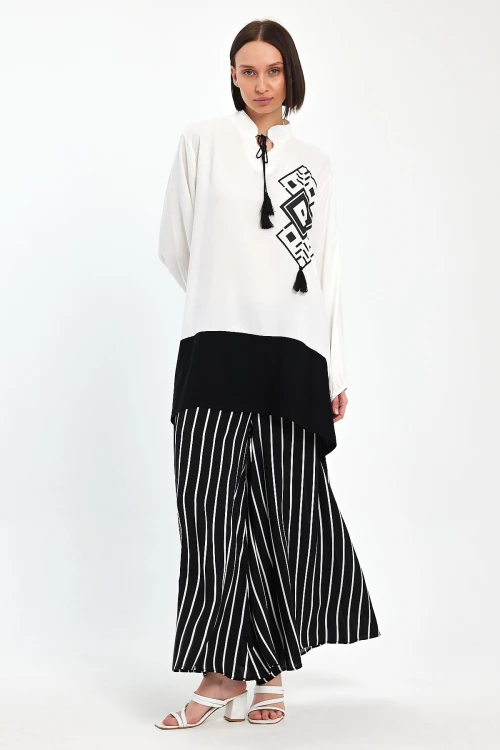 Maxi Boy Siyah Renk Bloklu Çizgili Pantolon Ve Uzun Tunik Alt Üst Takım BCVL-241021