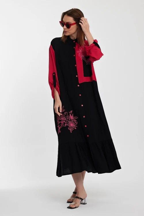 Maxi Boy Siyah Renk Bloklu Nakış İşlemeli Uzun Boy Dokuma Gömlek Elbise BCVL-241000