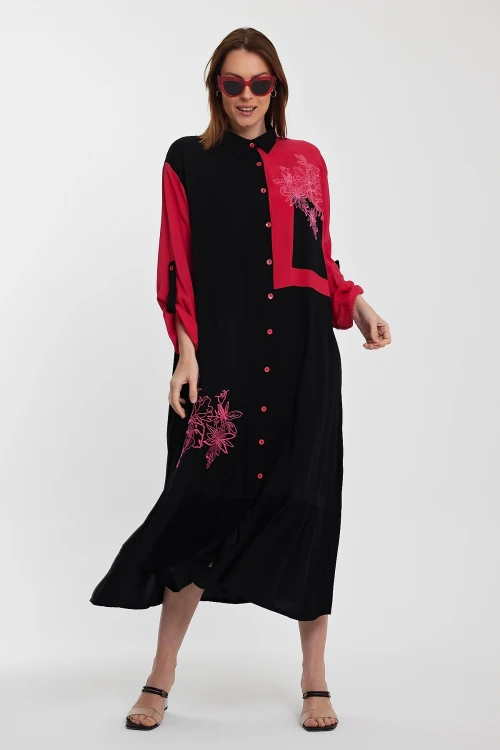 Maxi Boy Siyah Renk Bloklu Nakış İşlemeli Uzun Boy Dokuma Gömlek Elbise BCVL-241000