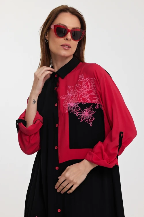 Maxi Boy Siyah Renk Bloklu Nakış İşlemeli Uzun Boy Dokuma Gömlek Elbise BCVL-241000