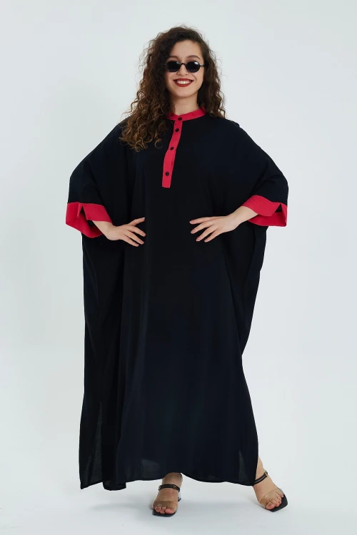 Maxi Boy Siyah Renk Bloklu Uzun Boy Salaş Dokuma Elbise BCVL-24949