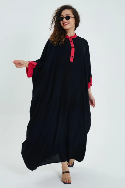 Maxi Boy Siyah Renk Bloklu Uzun Boy Salaş Dokuma Elbise BCVL-24949