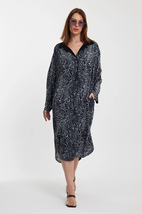 Maxi Boy Siyah V Yaka Çift Cepli Desenli Dokuma Elbise BCVL-24S55