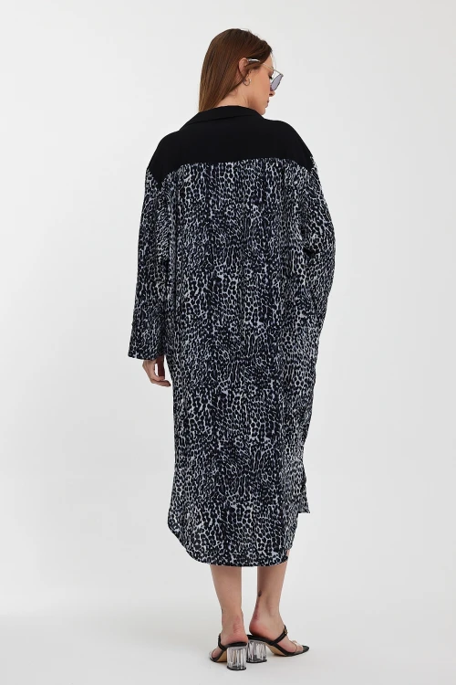 Maxi Boy Siyah V Yaka Çift Cepli Desenli Dokuma Elbise BCVL-24S55