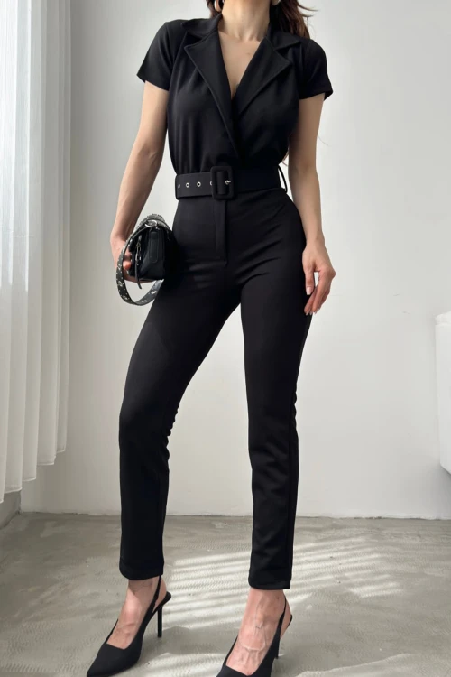 Siyah Yakalı Beli Kemerli Tulum BCDF-247023