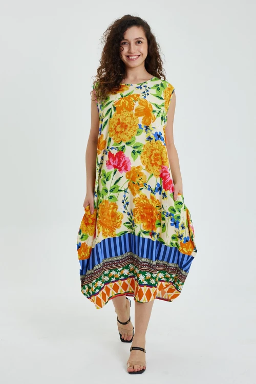 Maxi Boy Turuncu Bisiklet Yaka Çiçek Desenli Kolsuz Elbise BCVL-241008