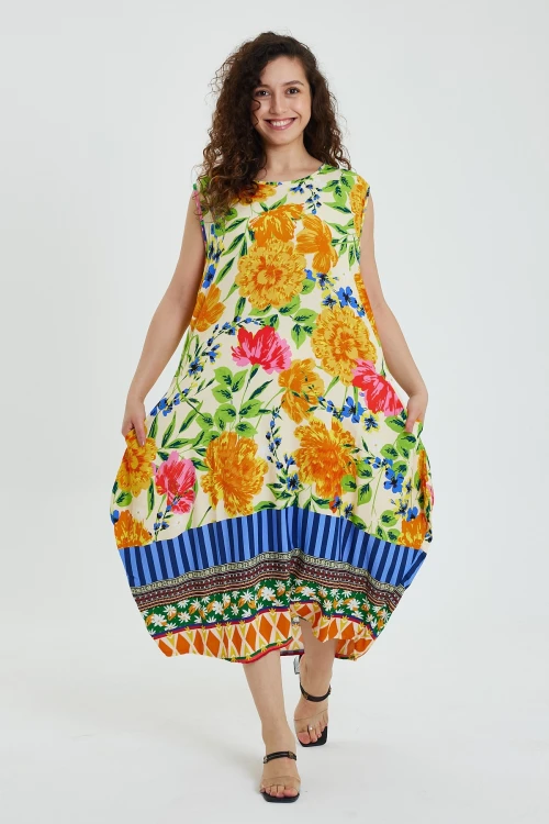 Maxi Boy Turuncu Bisiklet Yaka Çiçek Desenli Kolsuz Elbise BCVL-241008