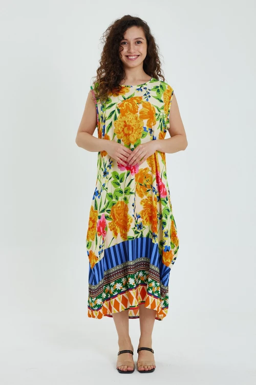 Maxi Boy Turuncu Bisiklet Yaka Çiçek Desenli Kolsuz Elbise BCVL-241008