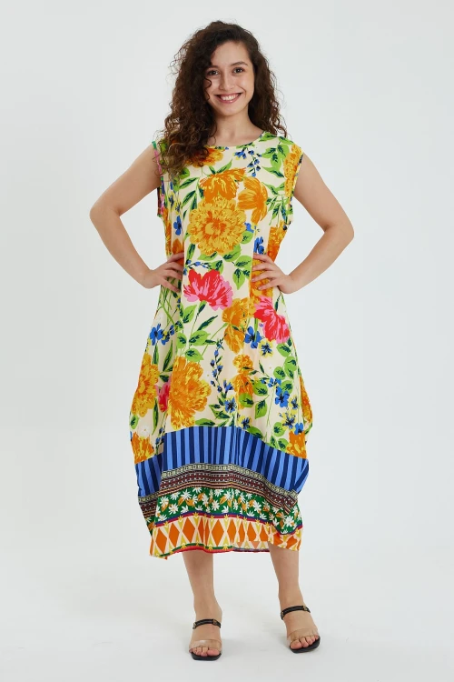 Maxi Boy Turuncu Bisiklet Yaka Çiçek Desenli Kolsuz Elbise BCVL-241008