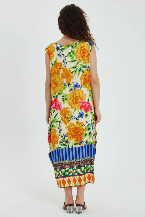 Maxi Boy Turuncu Bisiklet Yaka Çiçek Desenli Kolsuz Elbise BCVL-241008