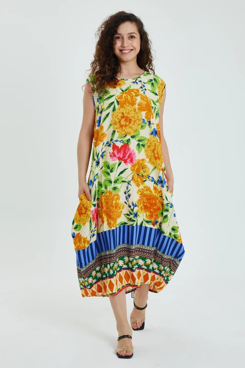 Maxi Boy Turuncu Bisiklet Yaka Çiçek Desenli Kolsuz Elbise BCVL-241008