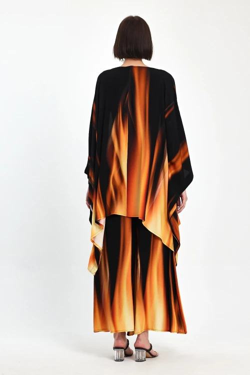 Maxi Boy Turuncu Degrade Desenli Pantolon Ve Kimono Dokuma Alt Üst Takım BCVL-24975