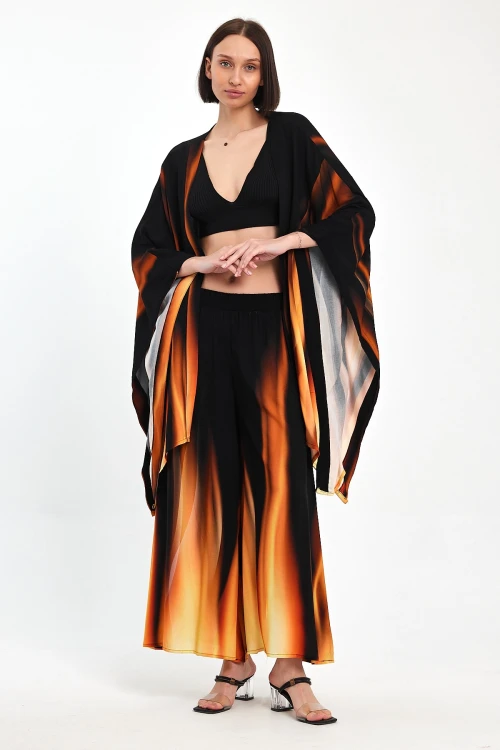 Maxi Boy Turuncu Degrade Desenli Pantolon Ve Kimono Dokuma Alt Üst Takım BCVL-24975