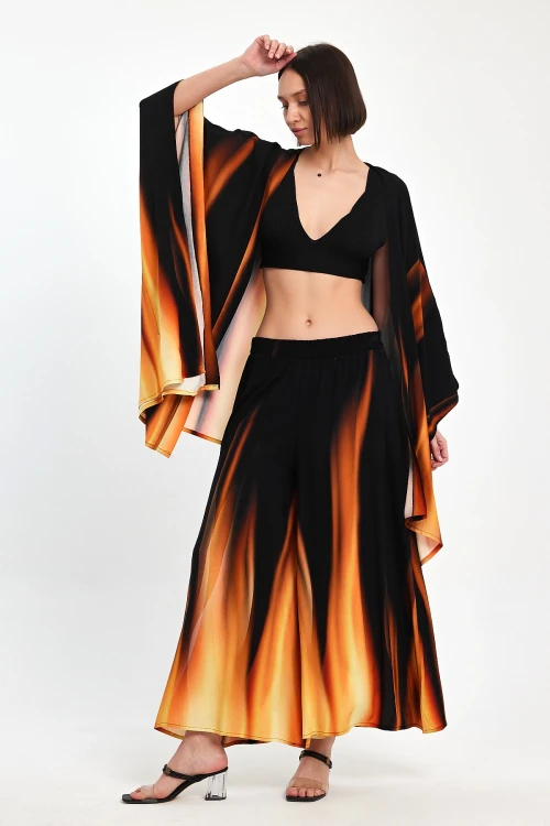 Maxi Boy Turuncu Degrade Desenli Pantolon Ve Kimono Dokuma Alt Üst Takım BCVL-24975