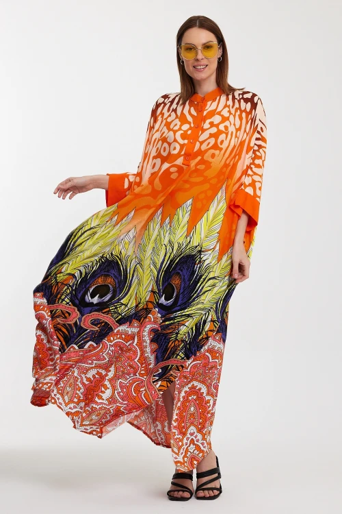 Maxi Boy Turuncu Hakim Yaka Düğme Detaylı Desenli Uzun Boy Dokuma Elbise BCVL-241037