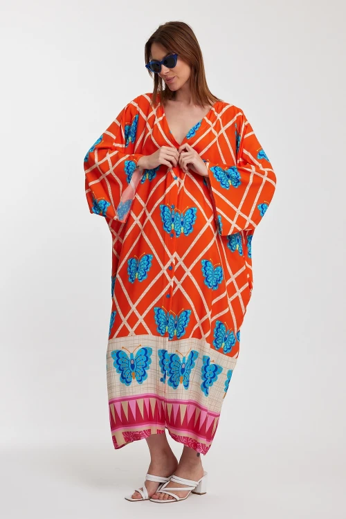 Maxi Boy Turuncu V Yaka Çiçek Desenli Uzun Boy Dokuma Gömlek Elbise BCVL-241032