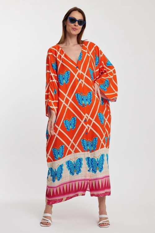 Maxi Boy Turuncu V Yaka Çiçek Desenli Uzun Boy Dokuma Gömlek Elbise BCVL-241032