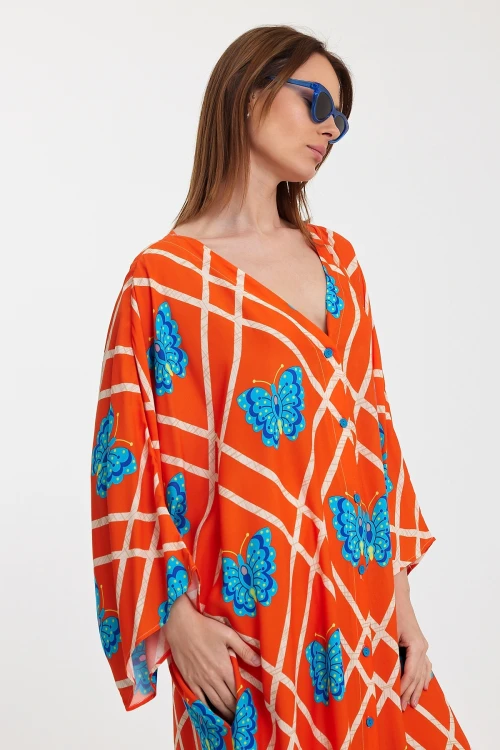 Maxi Boy Turuncu V Yaka Çiçek Desenli Uzun Boy Dokuma Gömlek Elbise BCVL-241032