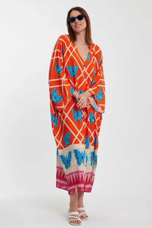 Maxi Boy Turuncu V Yaka Çiçek Desenli Uzun Boy Dokuma Gömlek Elbise BCVL-241032