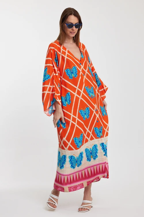 Maxi Boy Turuncu V Yaka Çiçek Desenli Uzun Boy Dokuma Gömlek Elbise BCVL-241032