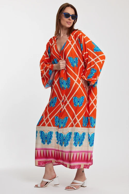 Maxi Boy Turuncu V Yaka Çiçek Desenli Uzun Boy Dokuma Gömlek Elbise BCVL-241032