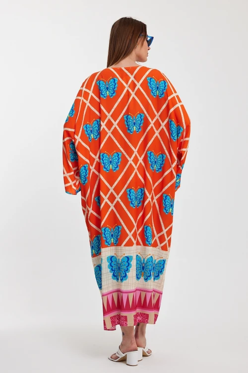 Maxi Boy Turuncu V Yaka Çiçek Desenli Uzun Boy Dokuma Gömlek Elbise BCVL-241032