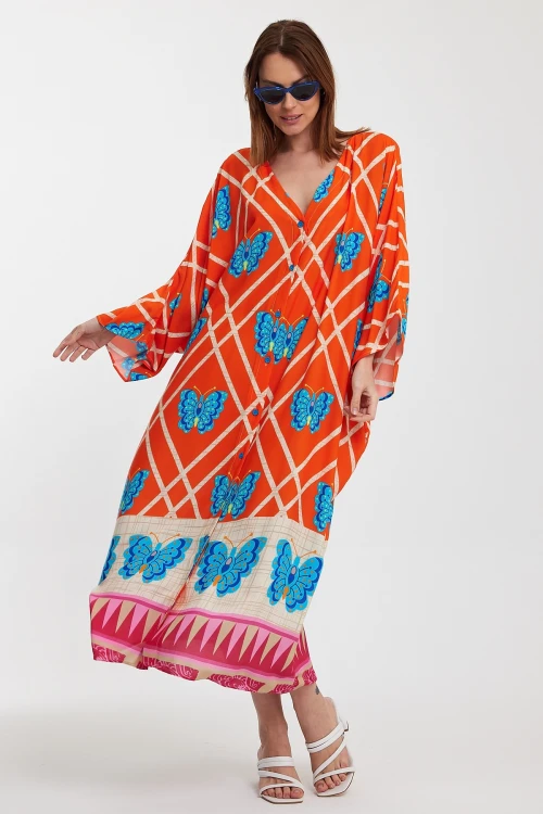 Maxi Boy Turuncu V Yaka Çiçek Desenli Uzun Boy Dokuma Gömlek Elbise BCVL-241032