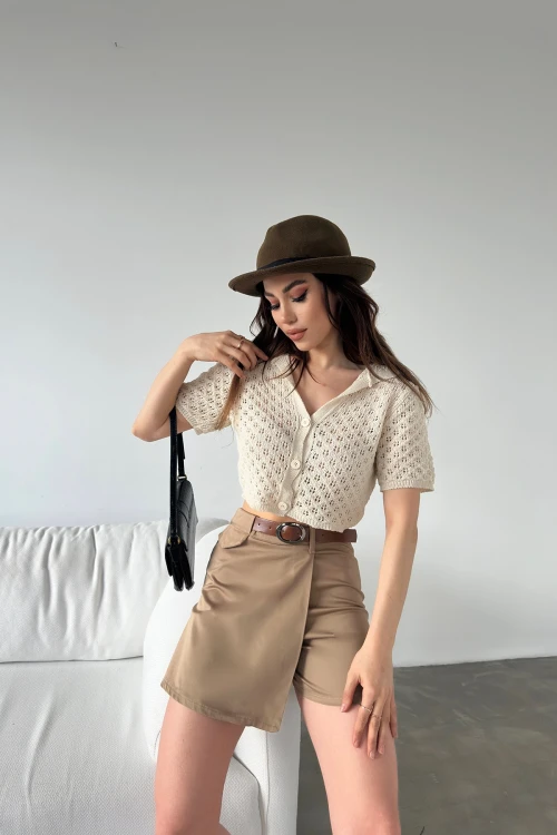 Vizon Beli Kemerli Önü Kapak Detaylı Gabardin Şort Etek BCDF-247709