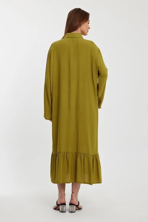 Maxi Boy Yağ Yeşili Nakış İşlemeli Uzun Boy Dokuma Gömlek Elbise BCVL-24954