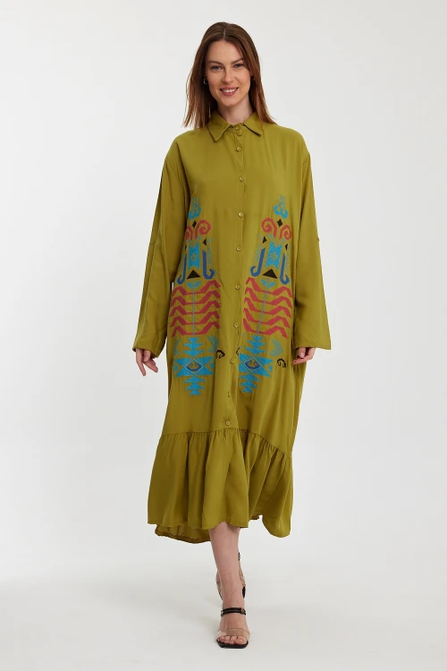 Maxi Boy Yağ Yeşili Nakış İşlemeli Uzun Boy Dokuma Gömlek Elbise BCVL-24954