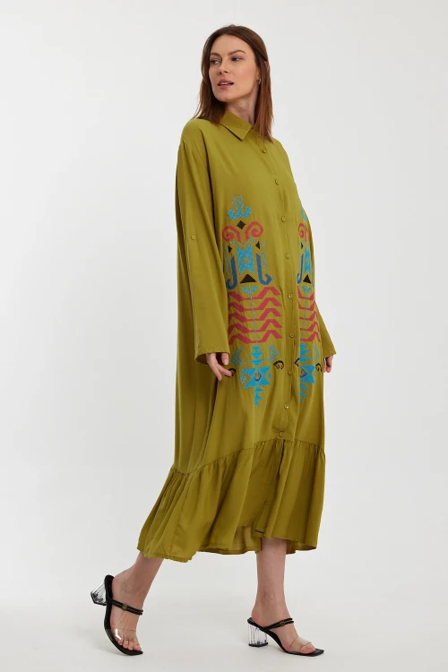 Maxi Boy Yağ Yeşili Nakış İşlemeli Uzun Boy Dokuma Gömlek Elbise BCVL-24954