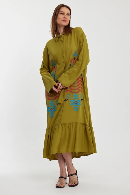 Maxi Boy Yağ Yeşili Nakış İşlemeli Uzun Boy Dokuma Gömlek Elbise BCVL-24954